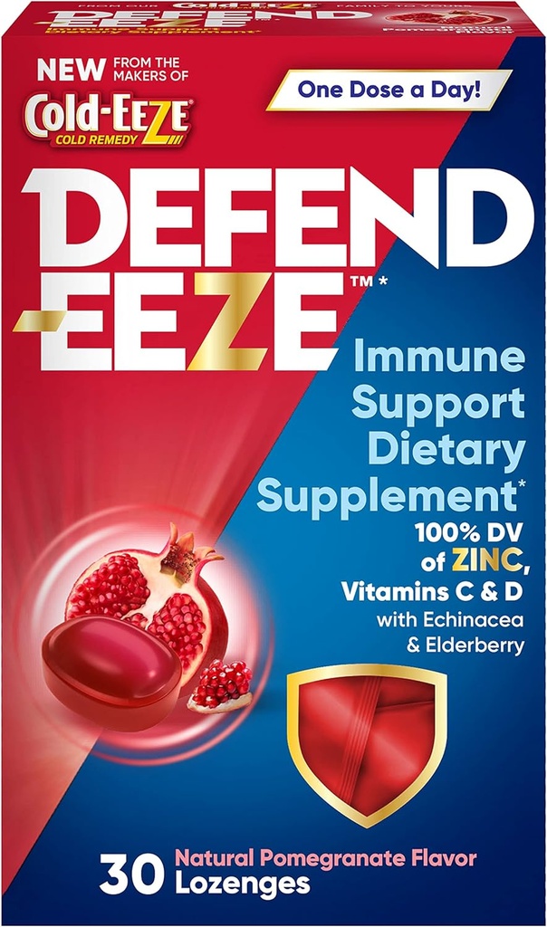 Defend-EEZE Immununterstützung Nahrungsergänzungsmittel Lozenges, 100% Tageswert von Zink, Vitamine C & D pro Dose, mit Echinacea & Elderberry, Granatapfel, 30 Lozenges