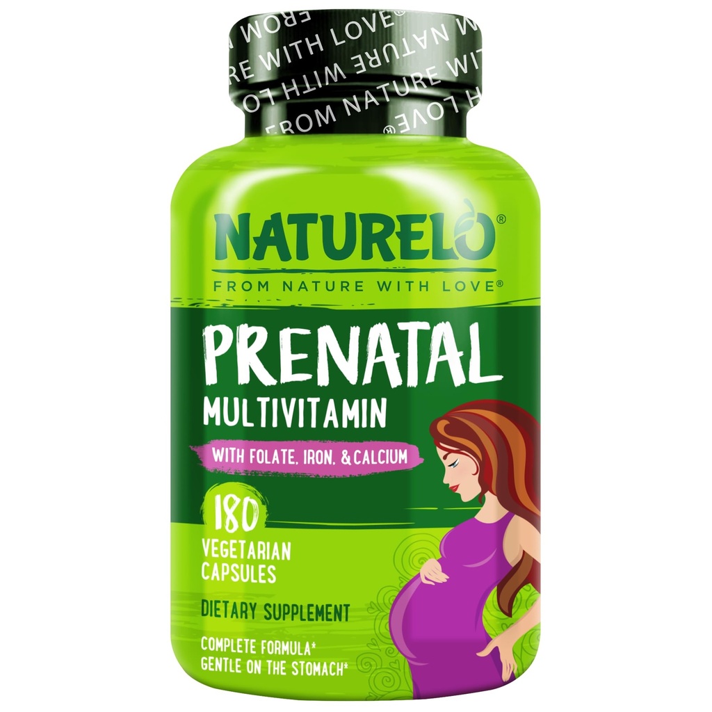 NATURELO Multivitamine prénatale avec du fer chélaté doux, du folate de méthyle, du calcium végétal et du choline - végétalien, végétarien - non-OGM - sans gluten - 180 capsules - 2 mois d'approvisionnement