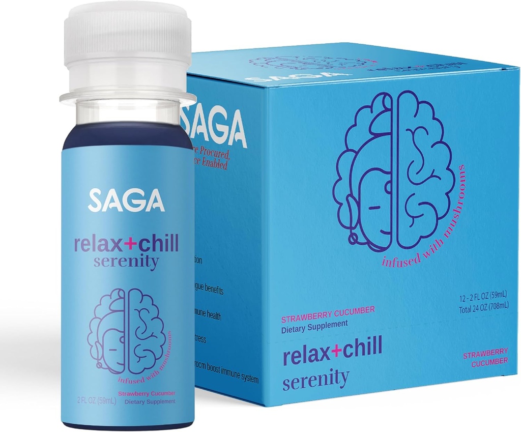 SAGA Organic Relaxation Shots | Contains Adaptogens & Mushrooms - Lion's Mane & Kava | High Bioavailability & Fast Onset | Elevate Mood & Reduce Fatigue | Strawberry Cucumber 2oz Shots (12-Pack)