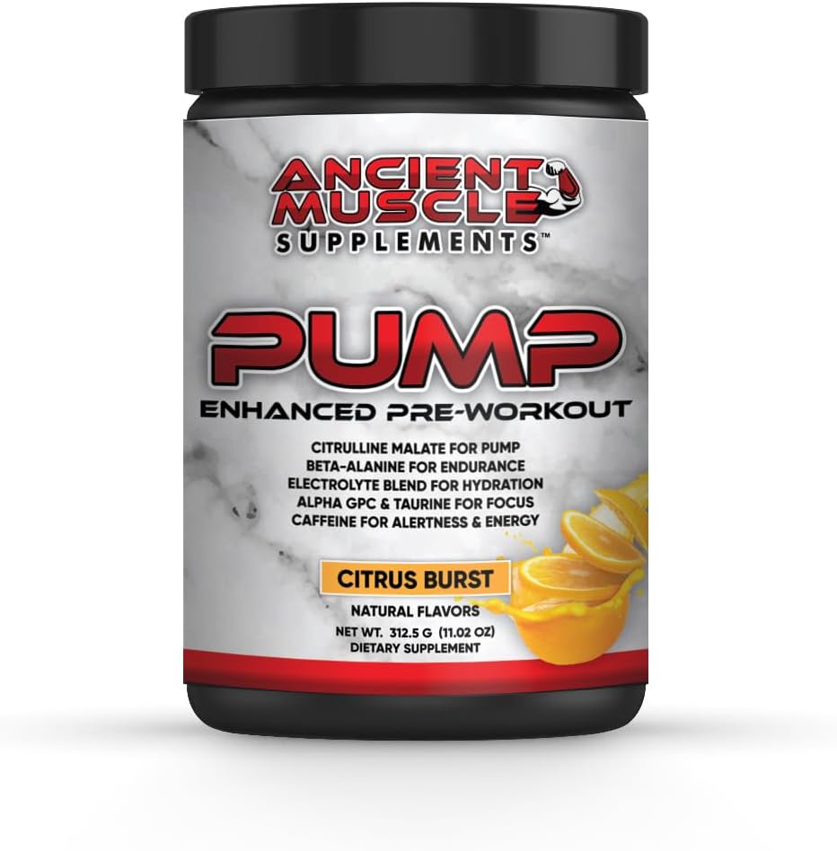 Pump Pre Workout Supplement mit Citrulline Malate, Beta Alanine, Alpha GPC - Enhanced Pump Supplement verbessert Energie, Fokus & Absorption - Citrus Burst Protein Powder