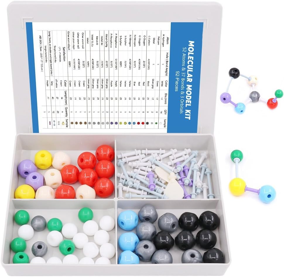Swpeet 92 Pcs Chemistry Molecular Model Student and Teacher Set, Molecular Model Set for Inorganic & Organic Chemistry - 52 Atoms & 37 Bonds & 3 Orbitals