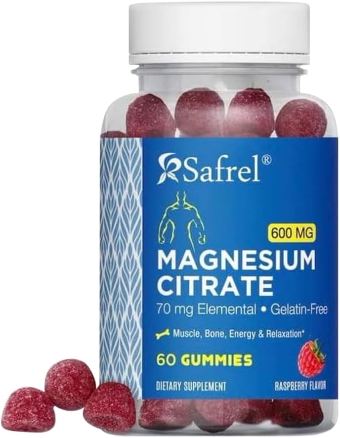 Safrel Magnesium Citrate Gummies - 60 Vegan Gummies, 600mg per Serving - Promuove Rilassamento, Muscolo, Bone, & Energy Support - Adulti & Seniors- Raspberry Flavor (Pack of 1)
