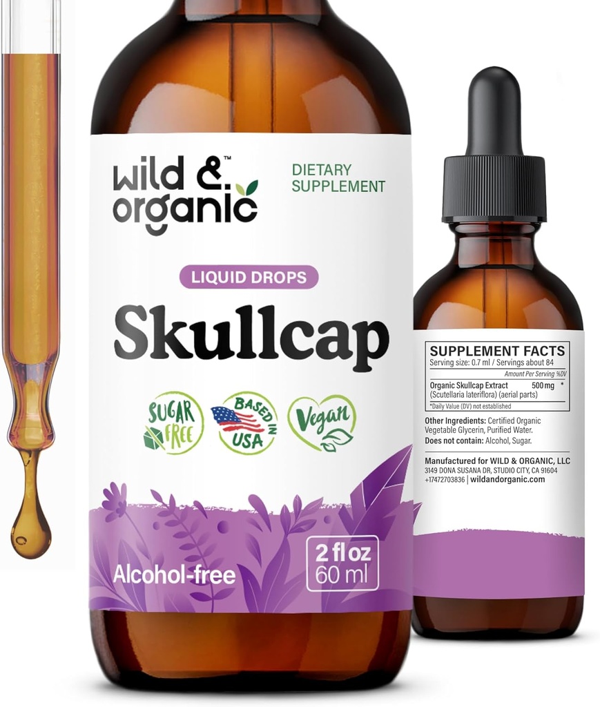 Teinture de crâne sauvage et biologique - Relaxation, bonne humeur, calme - Supplément d'herbe de crâne liquide - gouttes végétaliennes, sans sucre et sans alcool - 2 fl oz