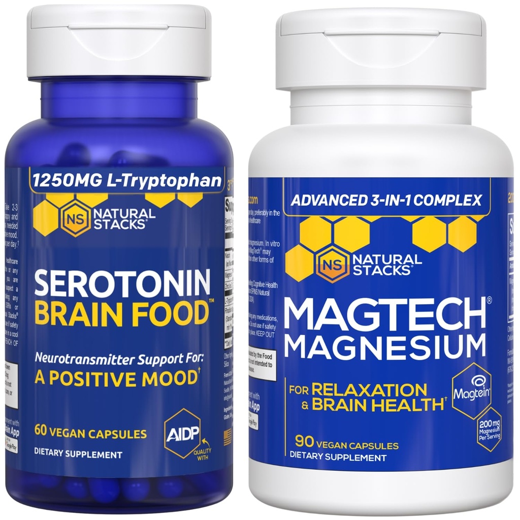 STACKS NATURAUX MagTech Magnésium + Sérotonine Cerveau Alimentation - Soutient la relaxation, la santé cérébrale et une humeur positive* - 150 Capsules totales