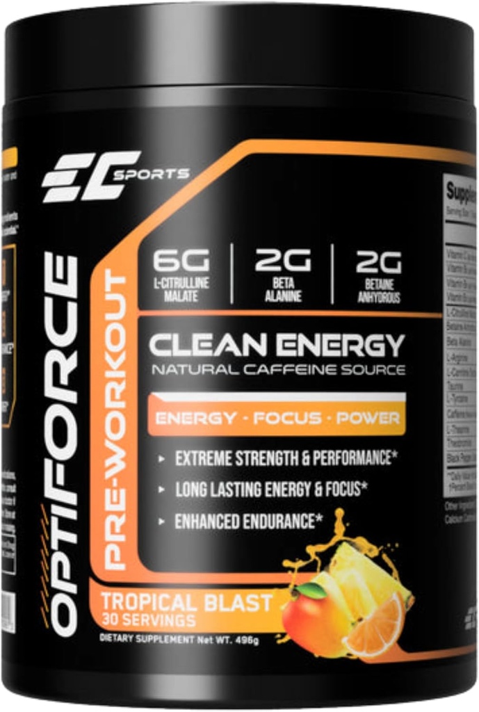 EC Sports OptiForce Pré-entraînement Tropical Blast Supplément poudre - Énergie propre et caféine naturelle avec/Long-Lasting Endurance and Focus - 30 portions