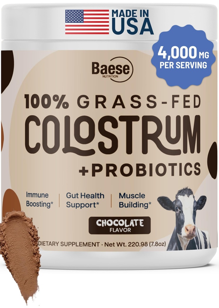 Organic Chocolate 4000mg Grass Fed Bovine Colostrum Powder + Probiotics Colostrum Supplemento per Bambini & Adulti con Immunoglobuline (220.98 Grammi)