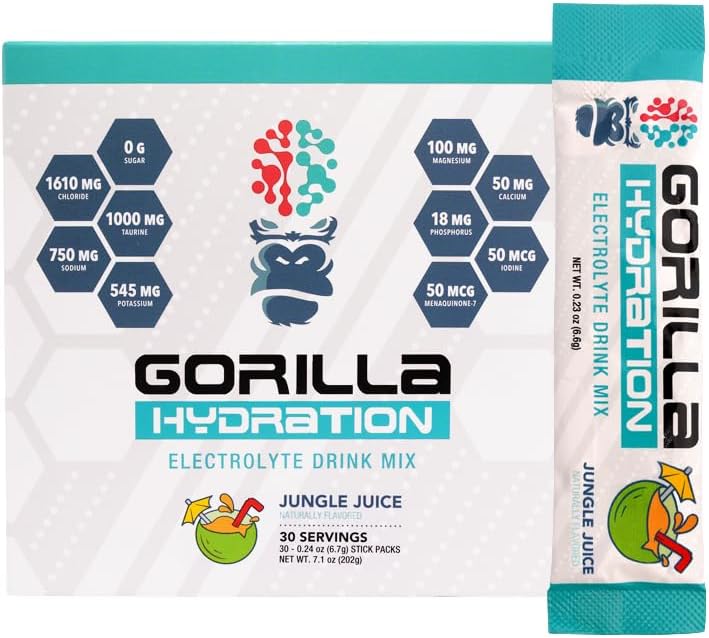 Gorilla Mind Hydration Packets - 3,073mg Elektrolyte auf dem Go Convenient Drink Mix für umfassende Wiederauffüllung - Zero Sugar, Naturally Sweetened & Fasting Friendly - 30 Count (Jungle Juice)