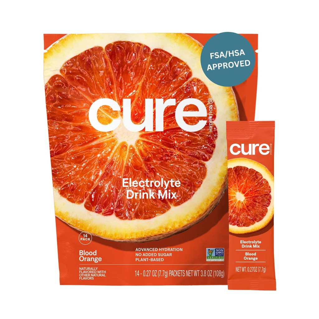 Cure Hydration | Pflanzenbasierte Elektrolyt-Getränk-Mix | Kein hinzugefügter Zucker | FSA-HSA | Dehydration Relief Pulver mit Kokoswasser hergestellt | Non-GMO | Vegan | Beutel von 14 Packungen - Blut Orange