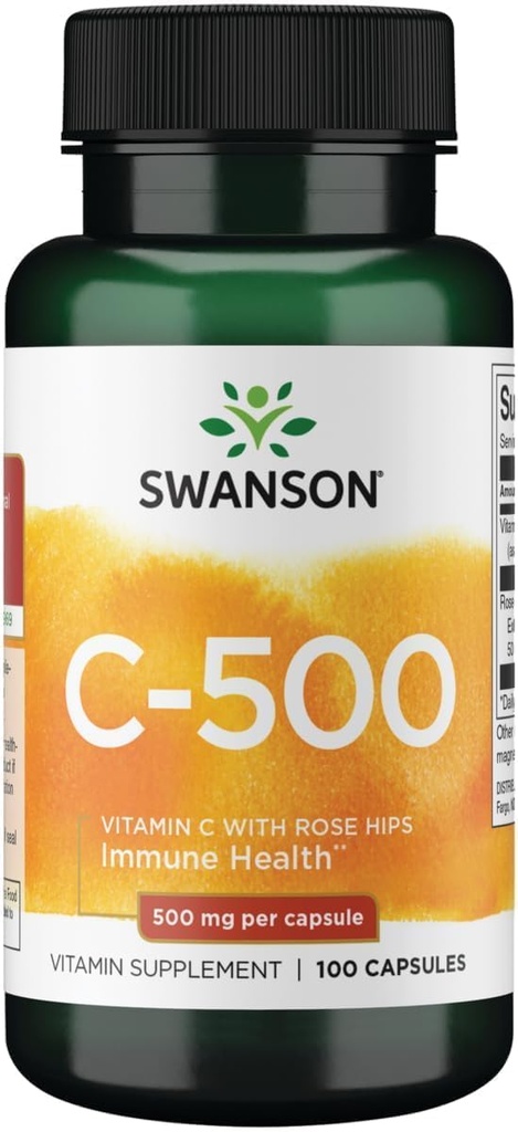 Swanson Vitamine C avec Rose HIPS Immuni System Support Skin Cardiovascular Health Antioxydant Supplément 500 mg 100 capsules