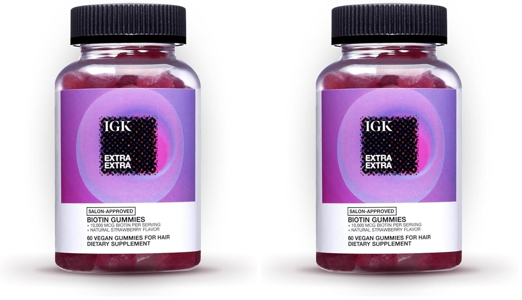 IGK Biotin Haargummis 10.000mcg Biotin (60 Count), Erdbeer-Flamoured, Haarwachstumsergänzungsgummis für gesundes Haar, Haut und Nägel, Vegan, helfen Haarausfall zu bekämpfen & Thinning (Pack von 2)