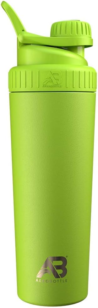 AeroBottle Cryo Shaker Cup, Bottiglia d'acqua in acciaio inox isolata e Shaker Protein, Miscela Proteine e Pre Workout Con Turbulent Mixing Technology, No Blending Ball or Wisk, 26oz, Eco Shock Green