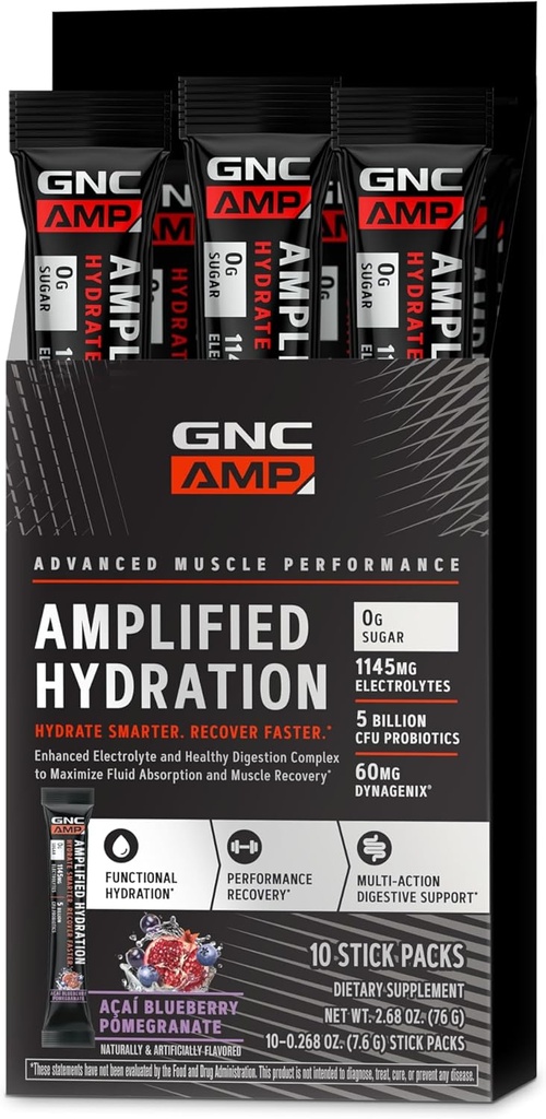 GNC AMP verstärkte Hydration Elektrolyt-Pulver-Getränk-Mischung | Enhanced Electrolyte & Healthy Digestion Complex | Acai Blueberry Pomegranate | 10 Count