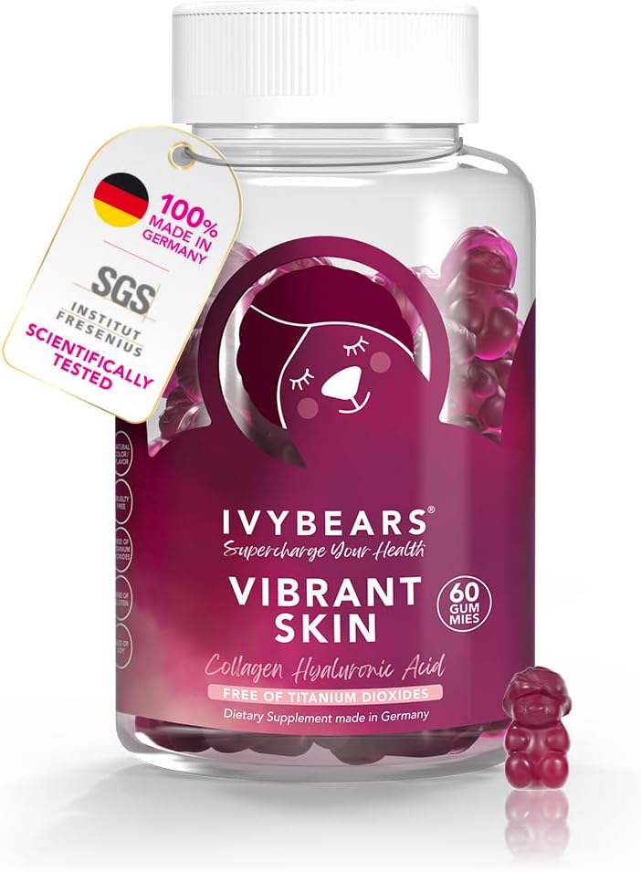 IvyBears Gommies de la peau vibrantes - Acide hyaluronique et collagène VERISOL - Hydratation et élasticité de la peau à haute puissance - Fuite radiante, jeune - Vegan et naturellement délicieux - 60 Comte