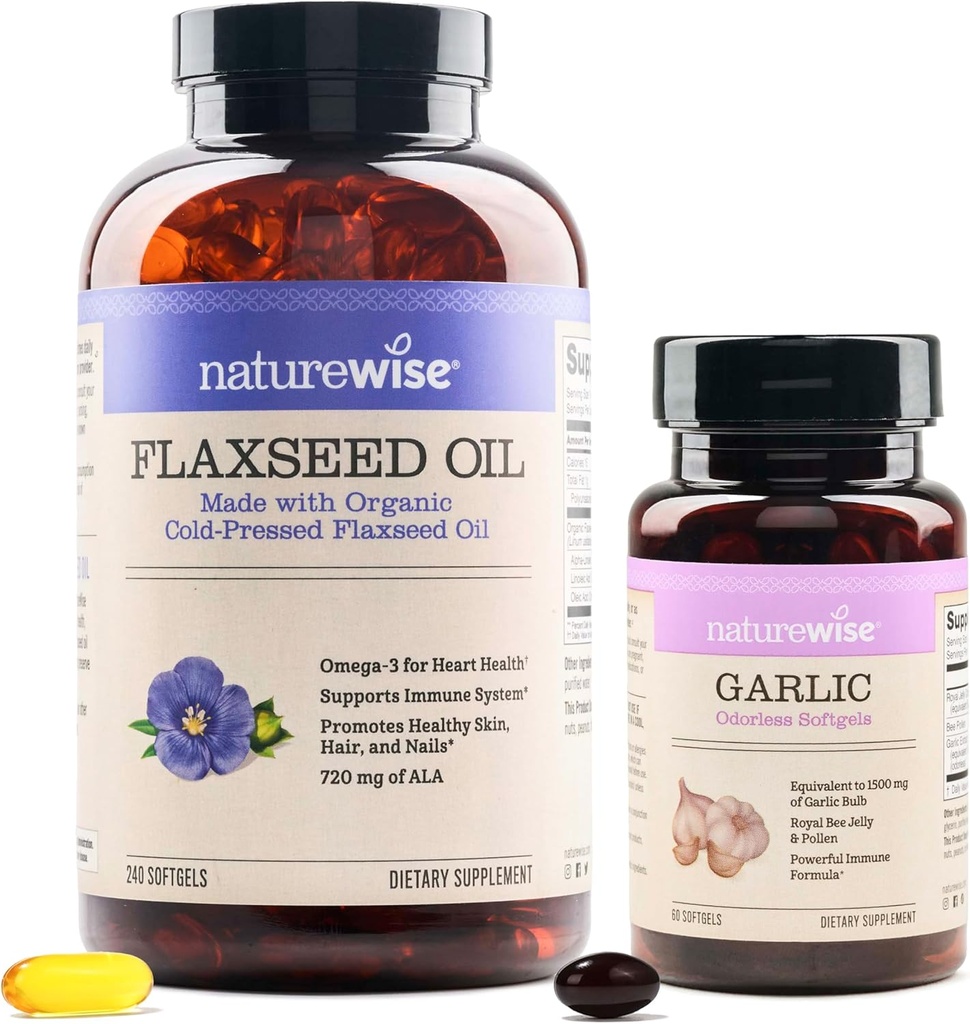 Olio di semi di lino naturale Max 720mg ALA | Olio di lino ad alta potenza Omega 3 Softgels aglio senza odore 1500mg Supporto denti e salute del sistema immunitario