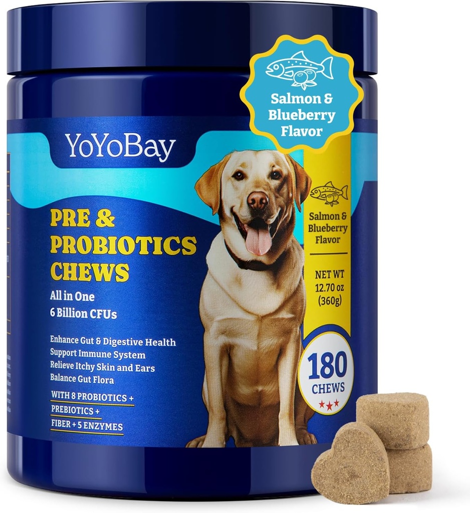 Probiotics for Dogs - Dog Probiotics for Gut, Immune & Skin Health - 6 Billion CFUs, 180 Soft Chews, Salmon & Blueberry Flavor - mit Präbiotics & Digestive Enzyme