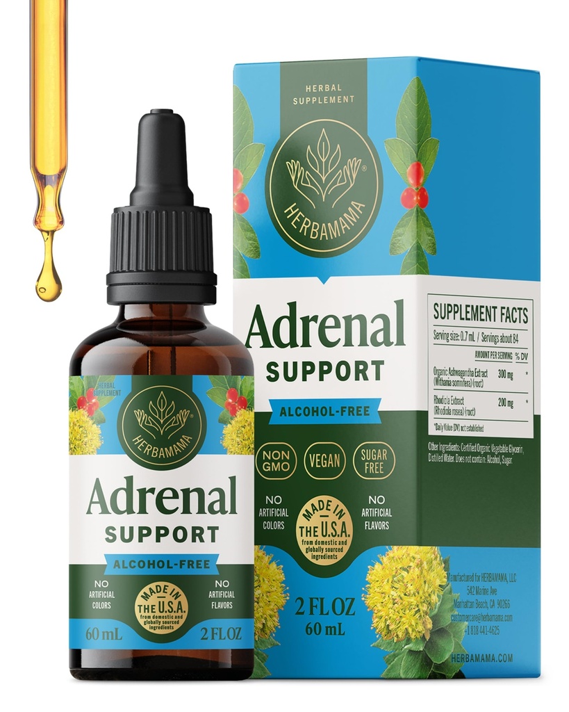 HERBAMAMA supporto adrenale gocce liquide - tintura adrenale vegan con Ashwagandha Root & Rhodiola Rosea Extract - Non-GMO, Alcol & Sugar-Free Supplement - 28-Day Supply