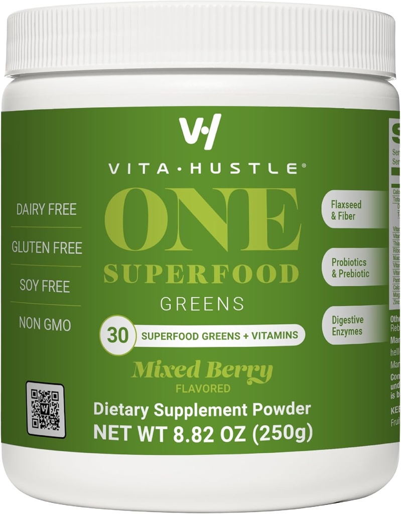 VitaHustle ONE Superfood Super Greens Pulver mit Präbiotika + Probiotika, reduzieren Bloating, Detox, Gut Health, Spirulina, Chlorella, Verdauungsenzyme (Berry Flavor, 25 Portionen)