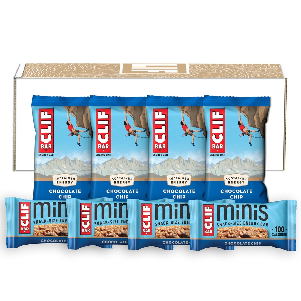 BAR CLIF - Chips de chocolat - Barres pleines et mini-énergie - Fabriquées avec de l'avoine biologique - Non-OGM - Basé sur une plante - 2,4 oz. et 0,99 oz. (20 Compte)