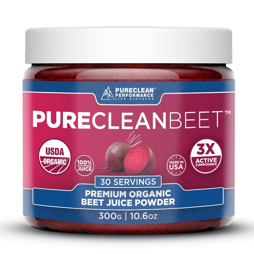 PureClean Beet Premium Beet Juice Powder - 100% Organic Nitric Oxide Support for Clinically-Proven 3X Greater Circulation, Endurance & Energy - Fièrement pressé par le froid, Eco Friendly, USA - 30 Servants