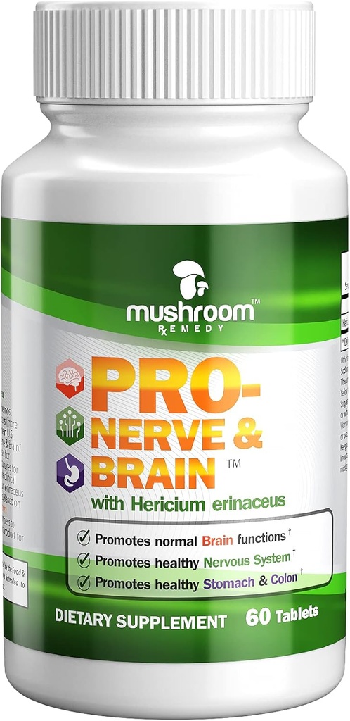 PRO-Nerve & Brain | All-Natural Kräuterergänzung für Gedächtnis, Nervous System, Stomach, Colon, Verdauungstrakt, Klinisch untersucht Lion's Mane Mushroom Extract, Vegan, Non-GMO, USA Made, 60 Tabletten