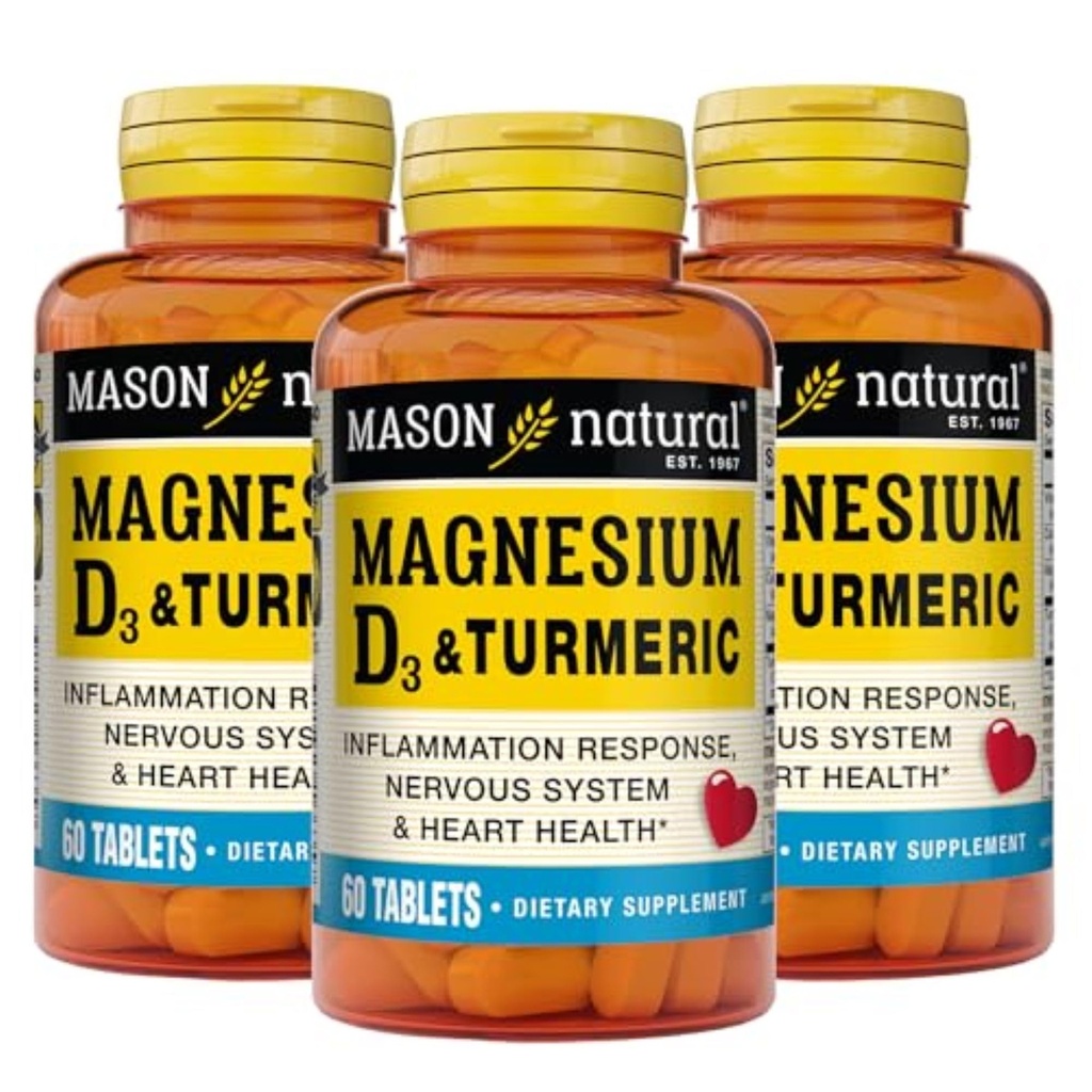 MASON Magnesio NATURAL & Vitamina D3 con curcuma, 180, alimentazione giornaliera, supplemento dietetico per il supporto giornaliero benessere, 60 compresse (pacchetto di 3)