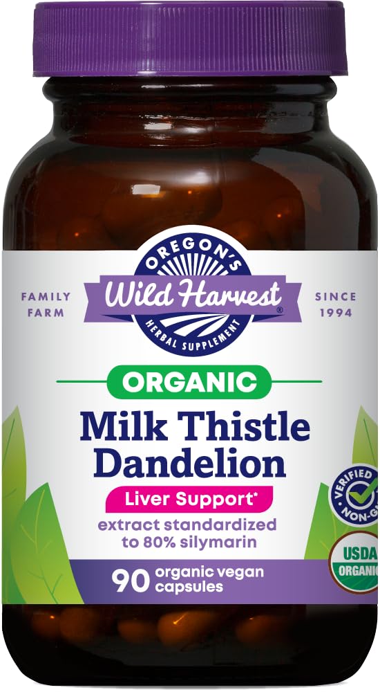 Oregon's Wild Harvest Certified Organic Milk Thistle Dandelion Capsules Liver Support Extract Standardized to 80% Silymarin, 90 Count
