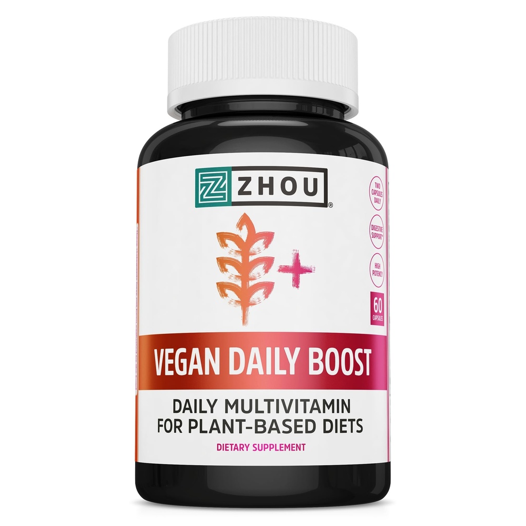 Zhou Vegan Multivitamin für Frauen & Männer, Tägliche Vegan-Ergänzung, Essential Multi Vitamin mit Eisen & Zink für Energie, Vitalität, Immununterstützung, & Ganze Körpergesundheit - 60 Veg Caps