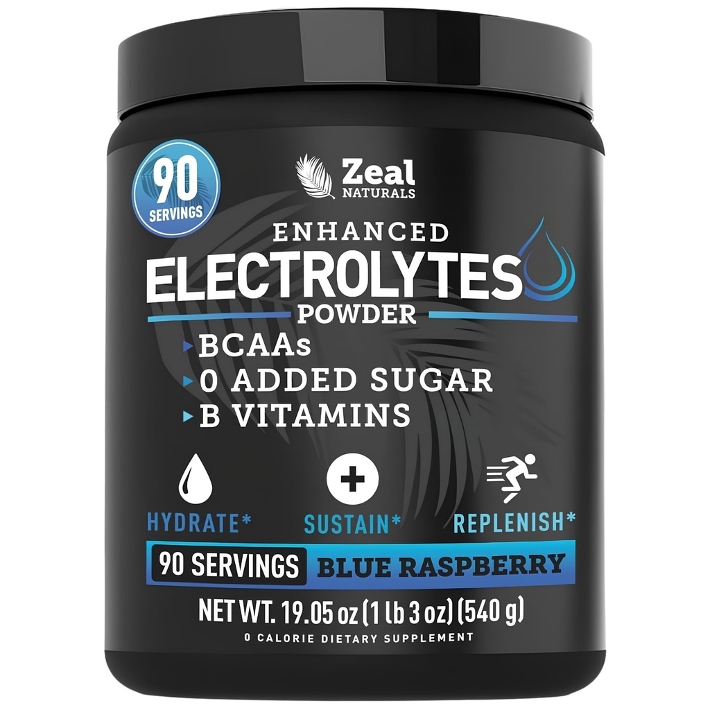 Zeal Naturals Elektrolyt-Pulver Erholungsgetränk (90 Servierungen | Blue Raspberry) w 0 Zucker + BCAAs +B-Vitamine Elektrolyt-Ergänzung mit Kalium Zink & Magnesium für Hydration - Keto Elektrolyte