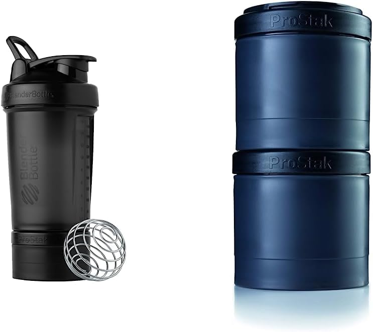 BlenderBottle Shaker Bottle mit Pill Organizer und Speicher für Proteinpulver, ProStak System, 22 Unze, Mitternacht Black & ProStak Twist n' Lock Storage Jars Expansion 2-Pak mit Pill Tray, All Black