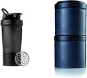 BlenderBottle Shaker Bottiglia con Pill Organizer e Storage per Protein Powder, ProStak System, 22 Ounce, Midnight Black & ProStak Twist n' Lock Storage Jars Expansion 2-Pak con Pill Tray, All Black