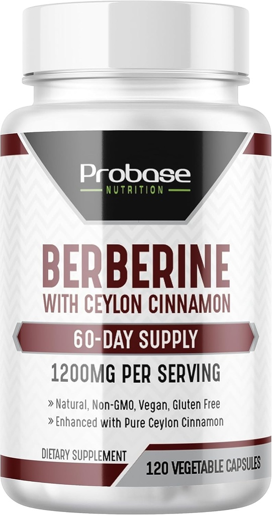 Probase Nutrition Berberine mit Zimtextrakt - Glutenfrei und Vegan - 120 Kapseln - 1200mg pro Servieren