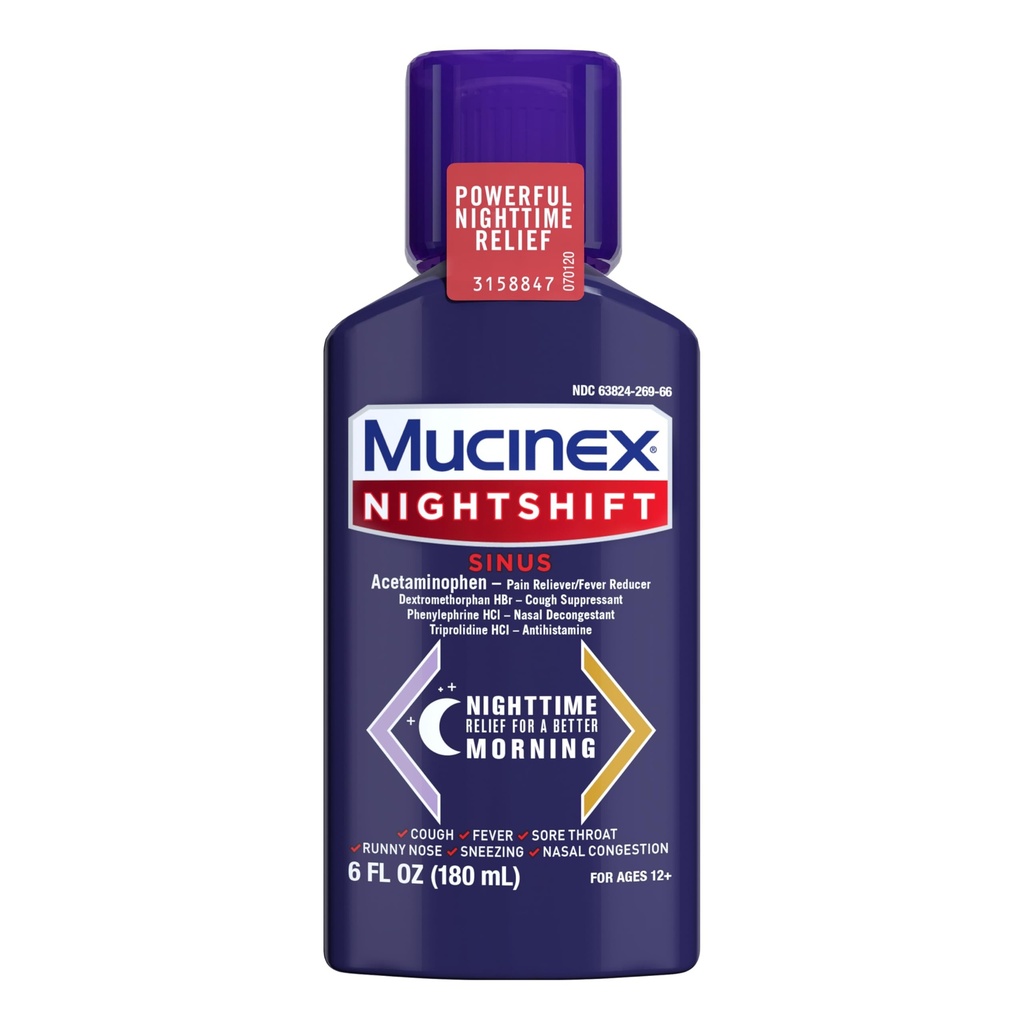 Mucinex Nightshift Sinus, Kalte und Flu Cough Medicine für Erwachsene, Leistungsfähige Nacht Sinus Medizin für Sinus Relief, Sore Throat Relief, Cough Suppressant & Nasal Decongestant für Erwachsene, 6 Fl Oz