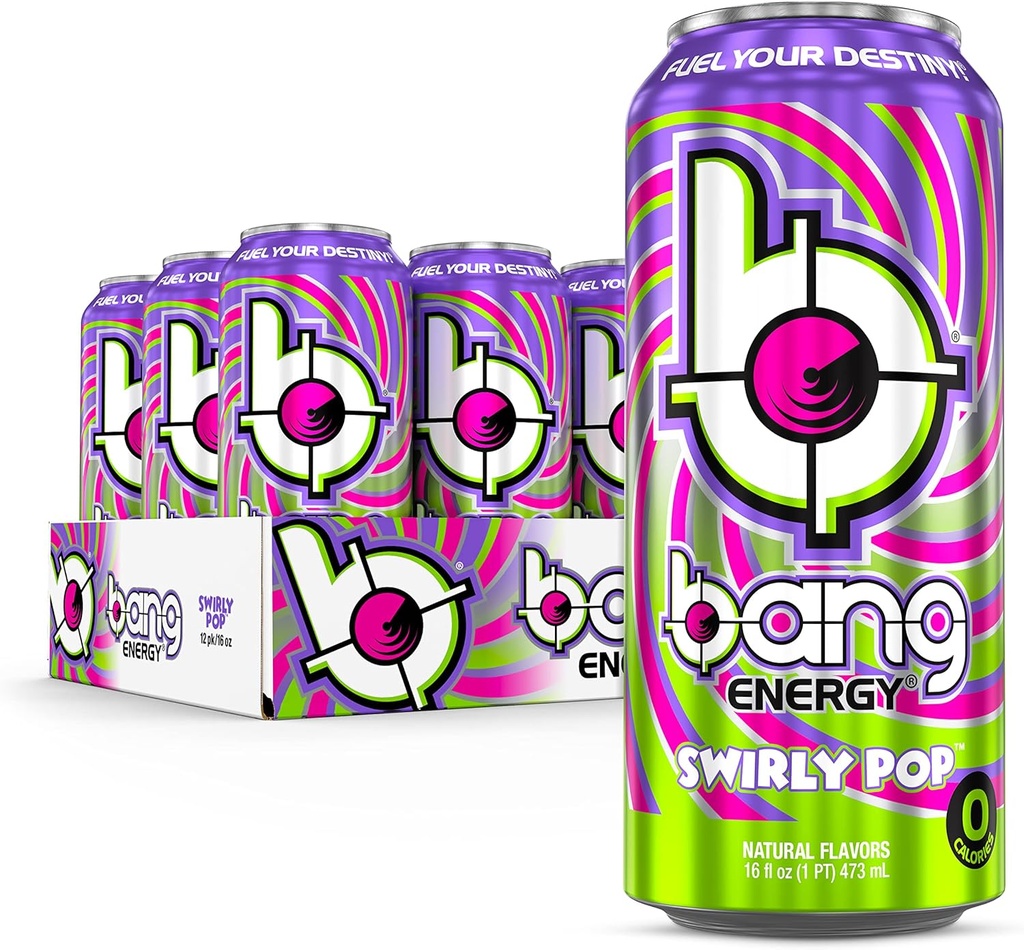 Bang Energy Swirly Pop, Sugar-Free, Energy Drink, 16 once (Pack of 12)
