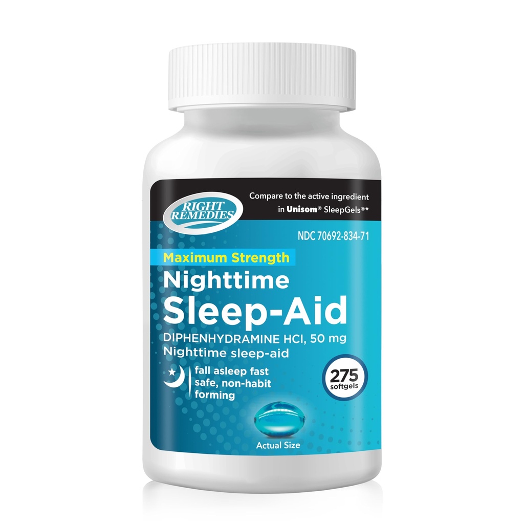 RIGHT REMEDIES Nighttime Sleep Aid Softgels, (275 softgels), Diphenhydramine HCI 50 mg, Fall Asleep Fast, Supports Deeper, Restful Sleep