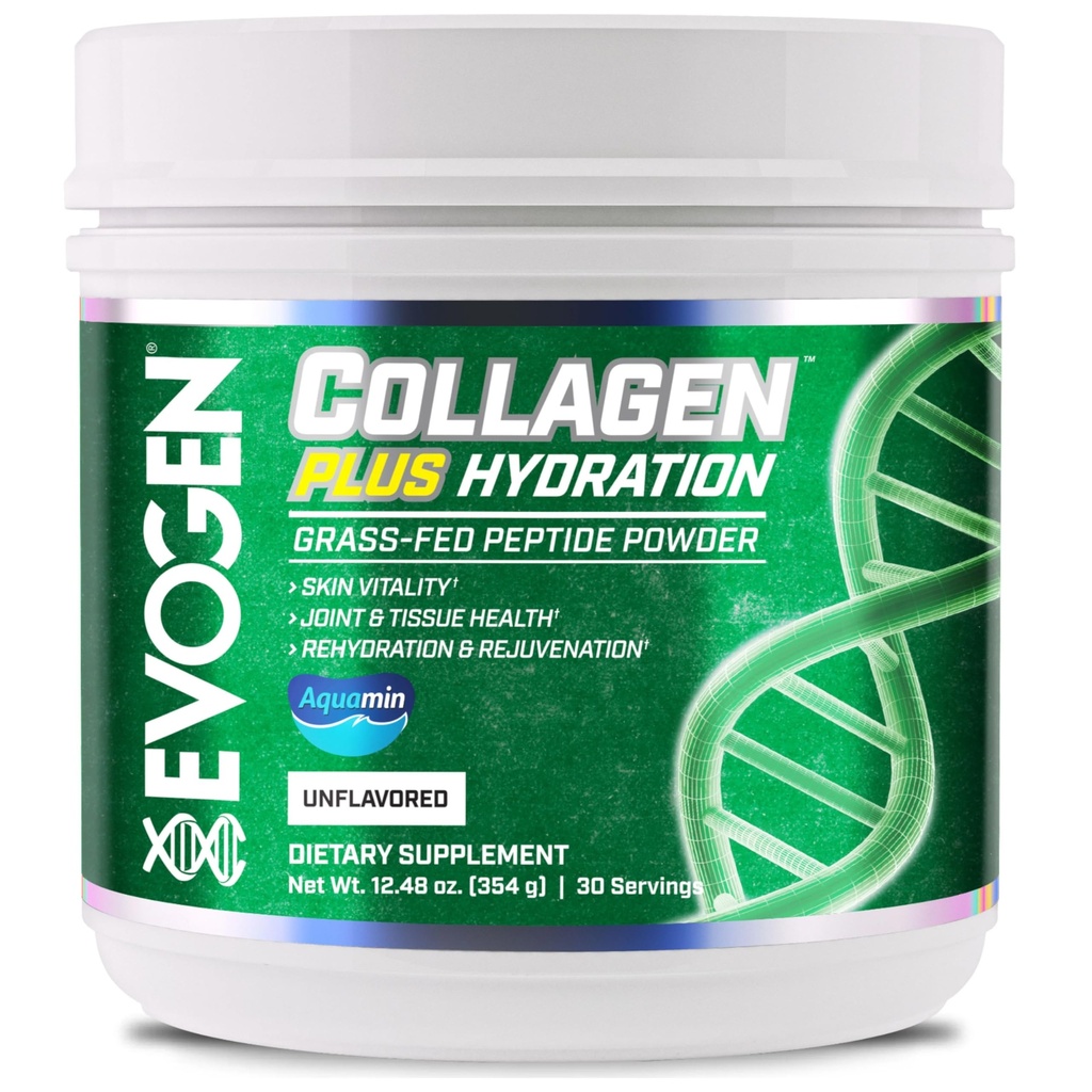 Evogen Collagen Plus Hydration - Collage a base di erba per le donne e gli uomini | Peptides di collagene polvere | Polvere di collagene che supporta vitalità della pelle, idratazione, salute del giunto e del tessuto | non aromatizzata | 30 Servings