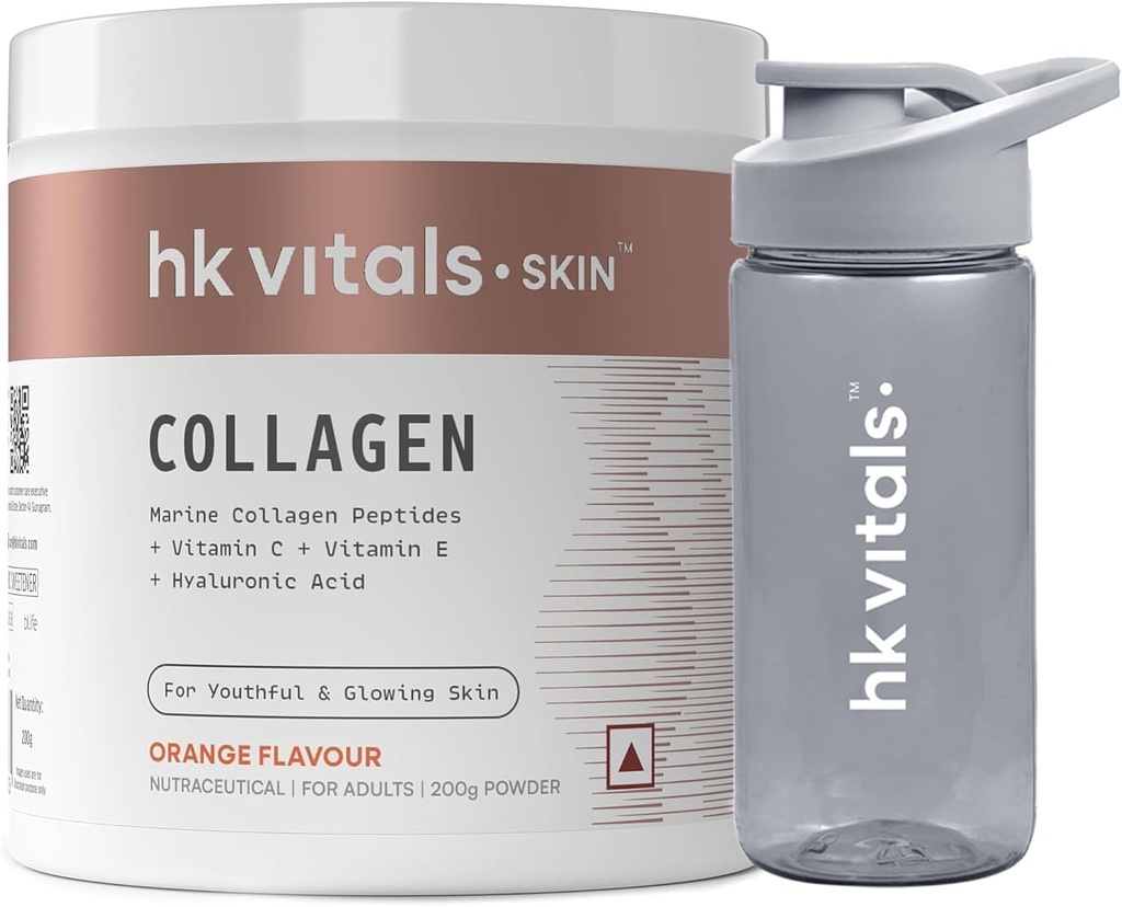 Heal;thKart hk Vitals Marine Collagen Supplemento (Orange, 200g) & Sipper Bottiglia (Grey, 300ml) Combo Pack | con vitamina C & E | per pelle sana, capelli e unghie