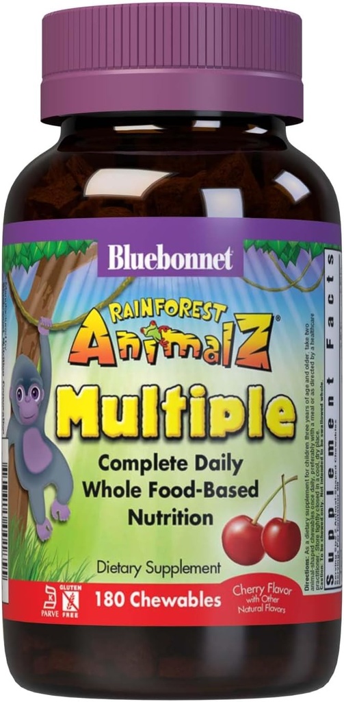 Bluebonnet nutrizione foresta pluviale Animalz tutto cibo basato multiplo masticabile Tablet, bambini multivitaminico e minerale, vitamina C, D3, ferro, senza glutine, latte libero, Kosher, 180 compresse masticabili, Cherry Flavor
