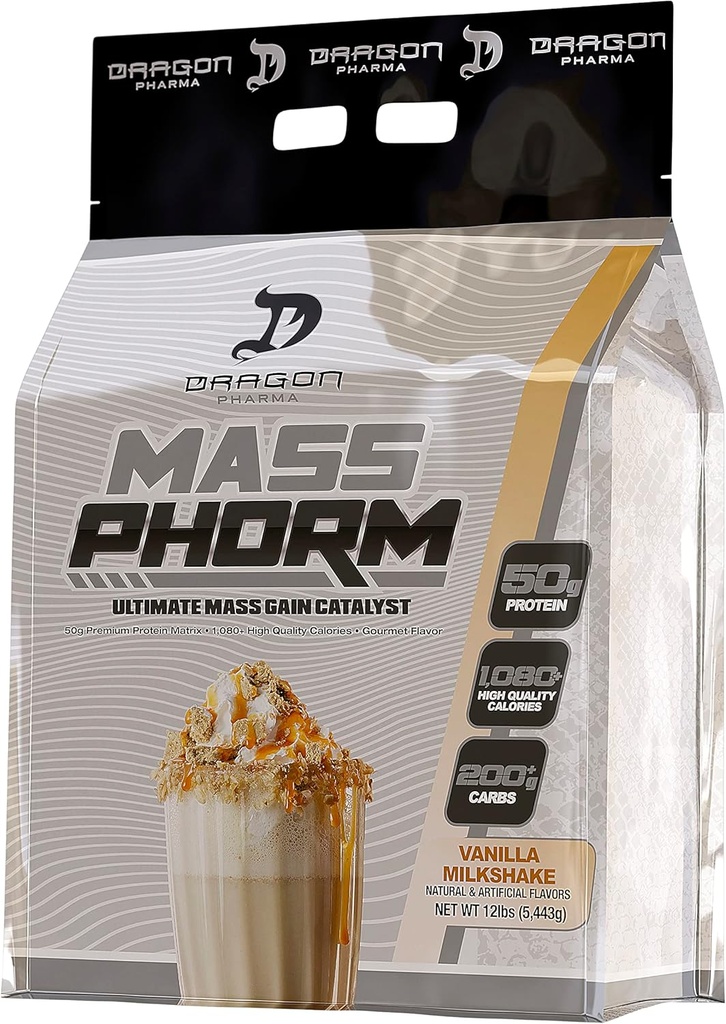 DRAGON PHARMA Mass Phorm, Ultimate Mass Gain Catalyst, 50g Protein Matrix, 200g di Carboidrati complessi, Oltre 1.000 Calorie Per Serving (20 Serve, Vanilla Milkshake)
