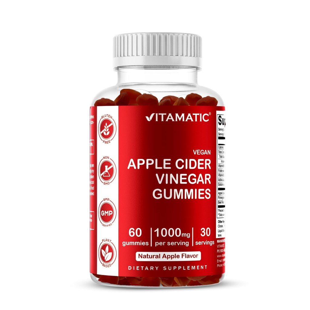 Vitamatic Apple Cider Essig-Gummien - 1000mg pro Servieren - 60 Vegan-Gummien - ACV-Gummien für Detox, Gewichtsverlust Unterstützung, Energie-Boost, Verdauung & Gut Gesundheit