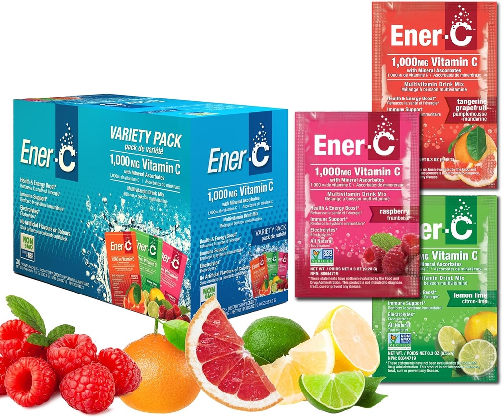 Ener-C Variety Pack Multivitamin Drink Mix Powder Vitamin C 1000mg & Electrolytes con succo di frutta reale Energia naturale & Supporto immunitario per le donne & uomini - Non OGM Vegan & Gluten Free - 30 Count