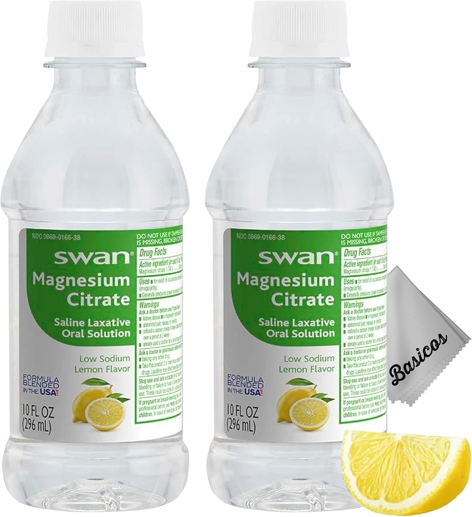 BASICOS 2Pack Swan Lemon Magnesium Citrate Soluzione orale 10 oz- Supplemento lassativo per il sollievo dalla costipazione, Regolarità - Bonus Microfibra Cloth
