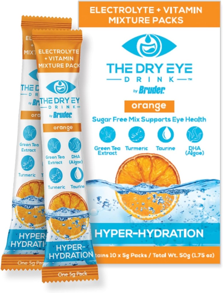 l Hydratation ultime pour les yeux secs l Packets en poudre d'électrolyte sans sucre l mélangé avec des vitamines, thé vert, curcuma, taurine et DHA l 5g x 10 Packets (Orange)