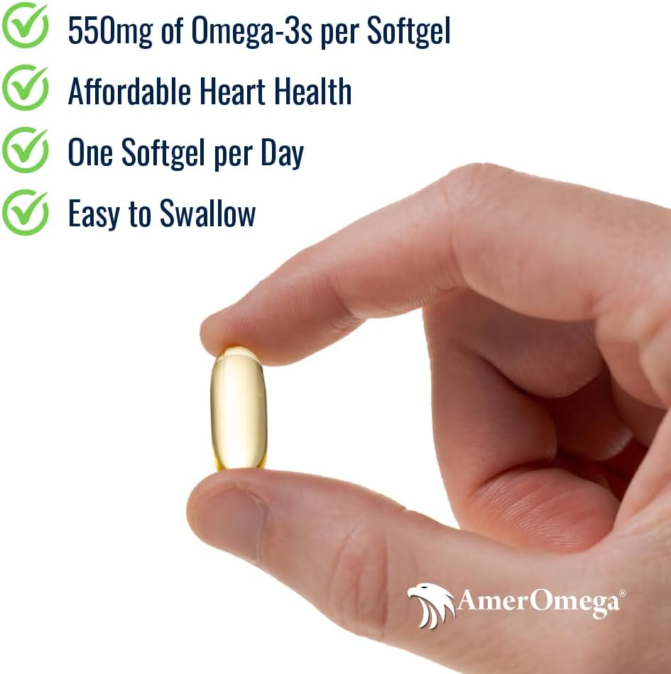 AmerOmega Triglyceride Omega-3 Fish Oil for Heart Health Support - Wild-Caught Alaskan Walleye Pollock - American-Sourced, American-Made - Non OGM, Gluten-Free & Dairy-Free - 60 Softgels
