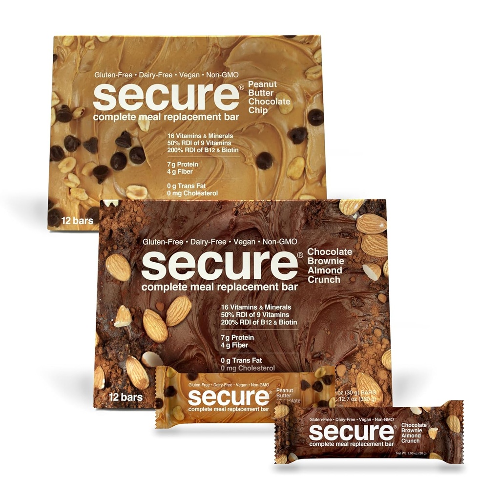 ANDREW LESSMAN Secure Complete Meal Replacement Bars - 7g Vegan Protein Bars. Inulin Fiber. Low Calorie, Gluten und Dairy-Free 24, Vielzahl Pack: Schokolade Brownie und Peanut Butter Schokolade Chip)