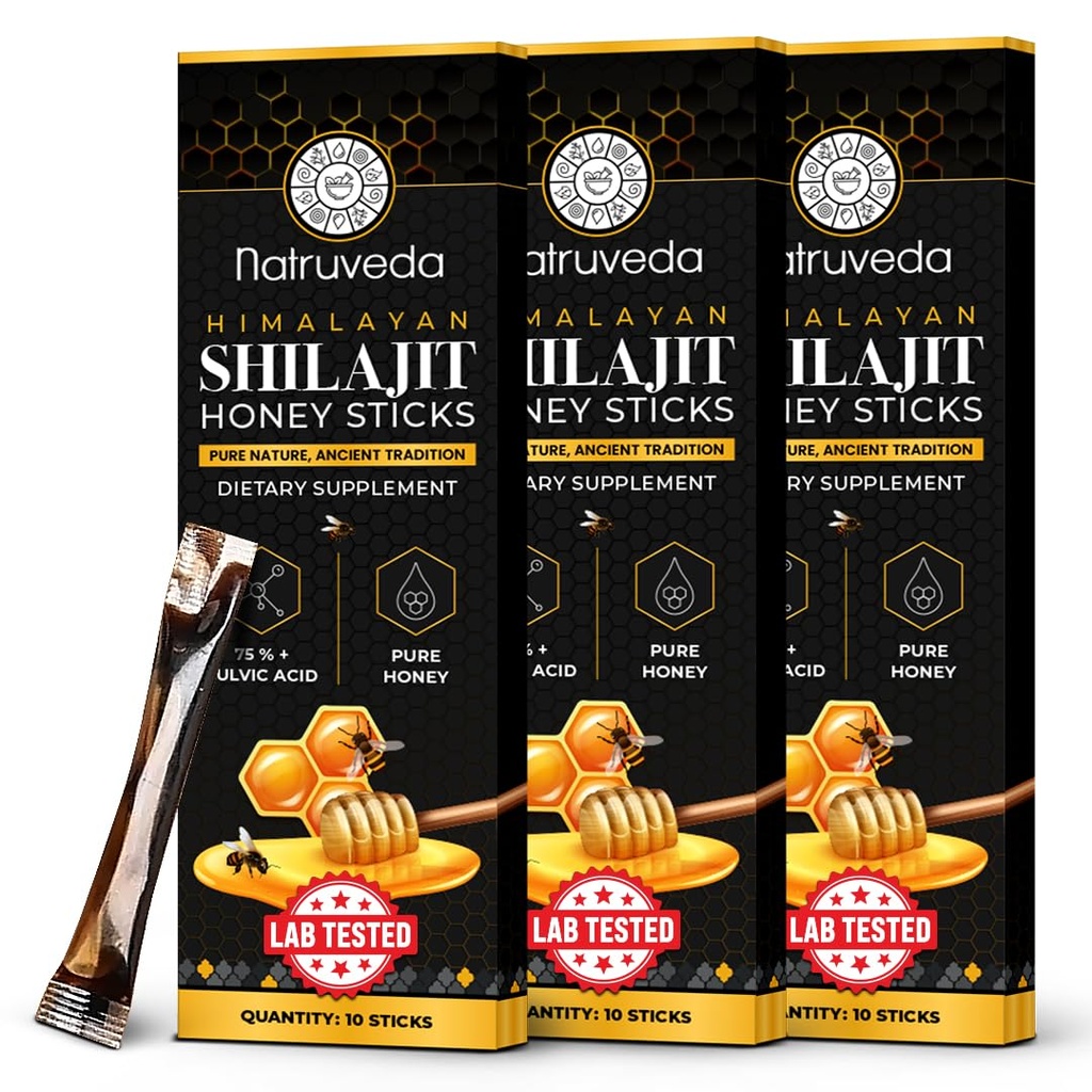 Himalayan Shilajit Honey Sticks für Herren & Frauen - 75%+ Fulvic Acid & Trace Minerals - Roher Honig, Safran & Himalaya Shilajit Resin - Stamina, Performance & Energy Support - (Pack von 30)