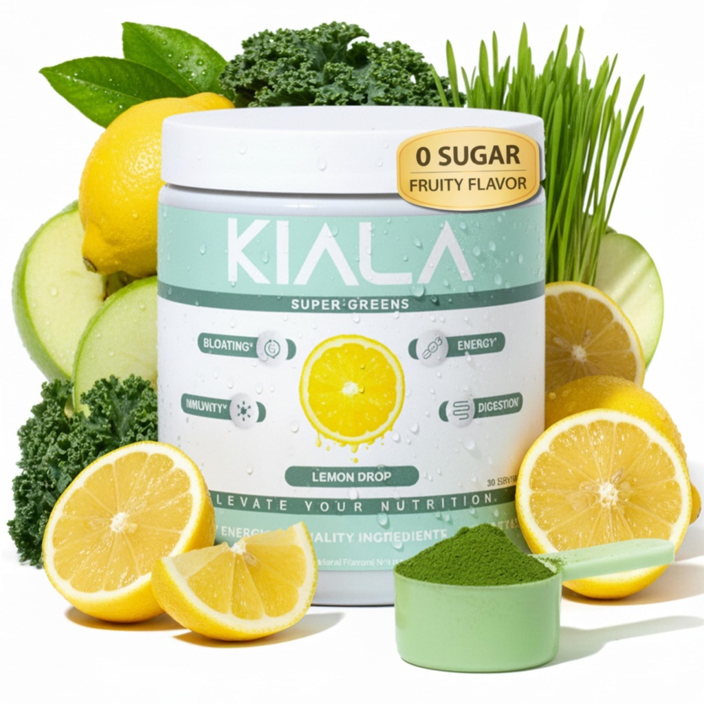 Kiala Nutrition Super Greens, Bio Greens Pulver mit Spirulina & Chlorella für Verdauung, Gut Gesundheit, Immunität, Energie, Glutenfrei, Vegan, Zucker, Spectra Blend, Zitronentropfen, 30 Portionen