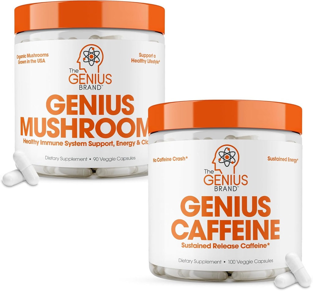 Il marchio Genius - Genius Mushroom e Caffeine Supplement Bundle - Lion's Mane, Reishi e Cordyceps - Caffeina a rilascio prolungato