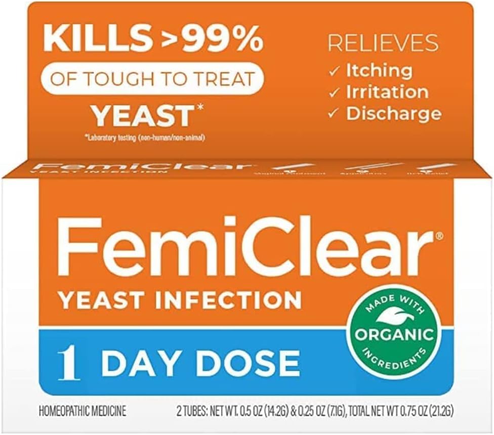 FemiClear 1 jour Dose Infection à levures Relief d'infection à levures Solution homéopathique pour la santé des femmes Onguent pour infection au levure, 1 applicateur et 0,5 oz Onguent