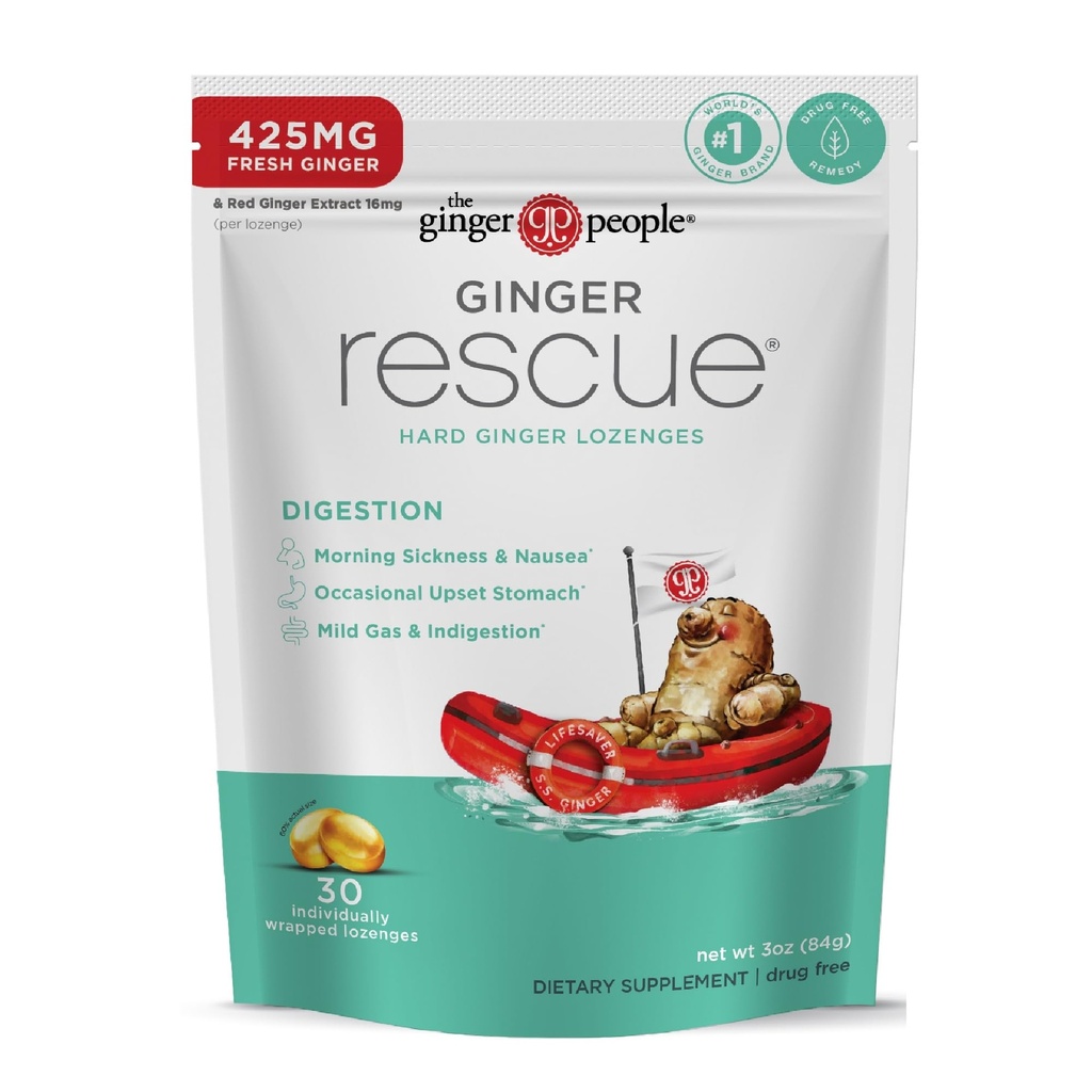 Die Ginger People Ginger Rescue Digestive Wellness Lozenges (Hard) | Regular Strength - 425mg | Morning Sickness, Nausea, Upset Stomach, Mild Gas & Indigestion, 30 Count (Pack 1)