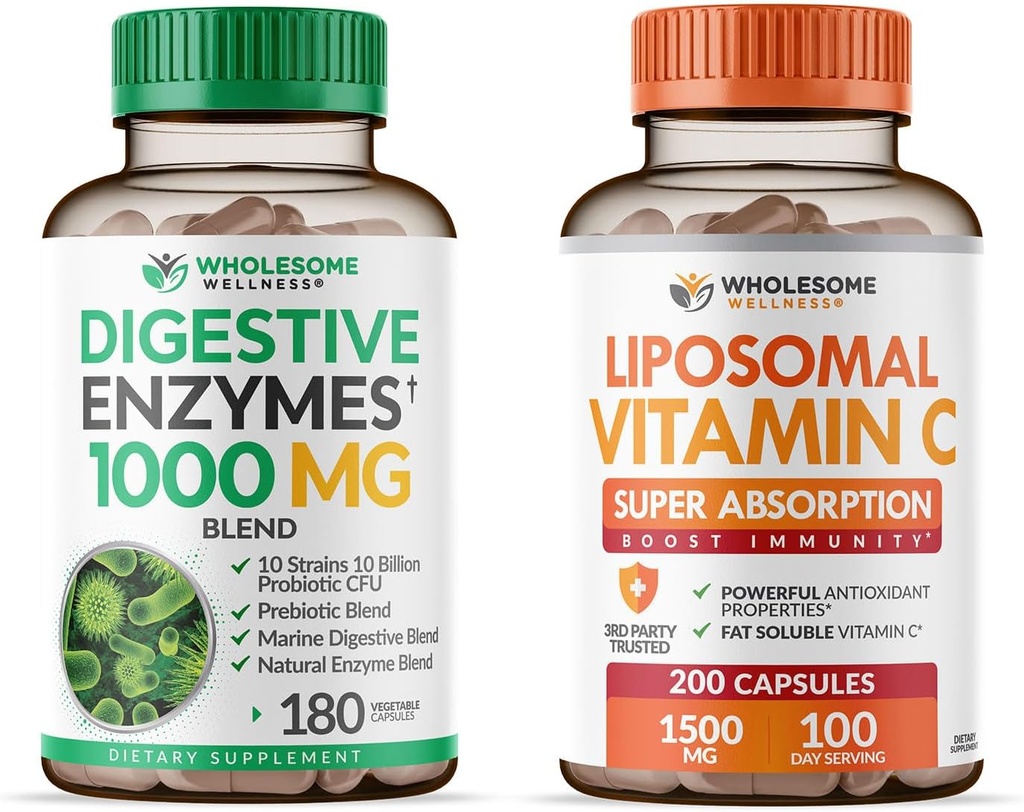 Wholesome Wellness Digestive Enzymes 1000MG Plus Prebiotics & Probiotics + Liposomal Vitamin C Capsules (200 Pills 1500mg Buffered) Bundle